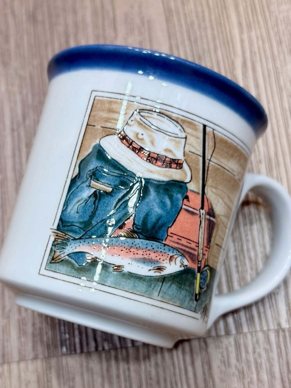 Otagiri Japan Coffee Mug with Fly Fishing and Rainbow Trout Art by Ruth Pengal